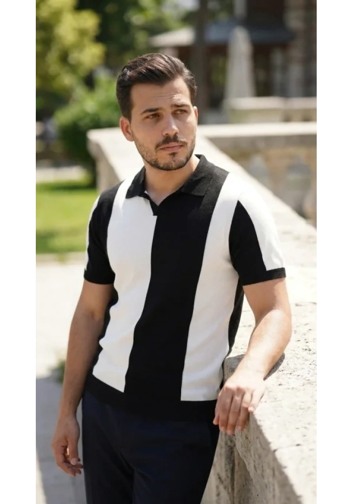 Erkek Kısa Kollu Polo Yakalı Blok Desenli Triko Bluz