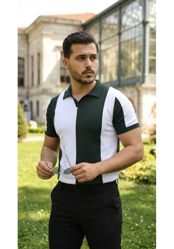 Erkek Kısa Kollu Polo Yakalı Blok Desenli Triko Bluz