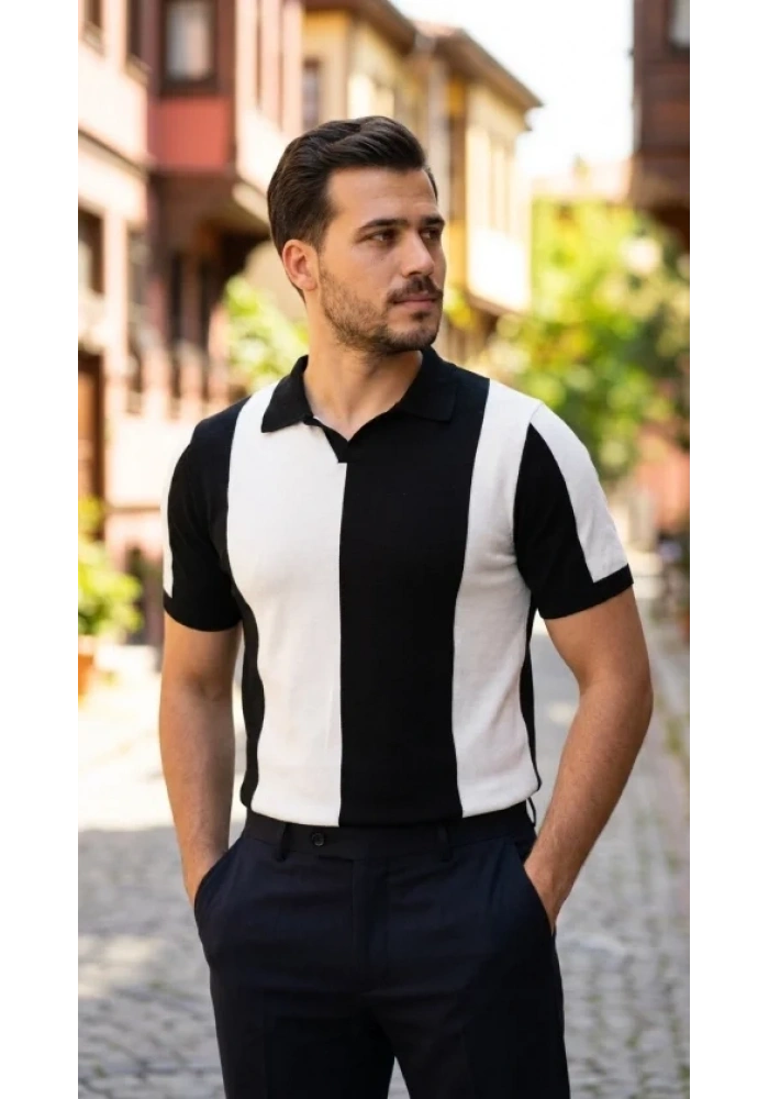 Erkek Kısa Kollu Polo Yakalı Blok Desenli Triko Bluz
