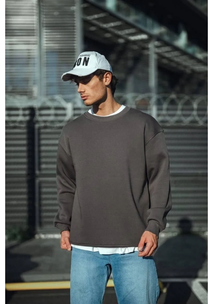 Erkek Bisiklet Yaka 3 iplik Pamuklu Basic SweatShirt  - Antrasit