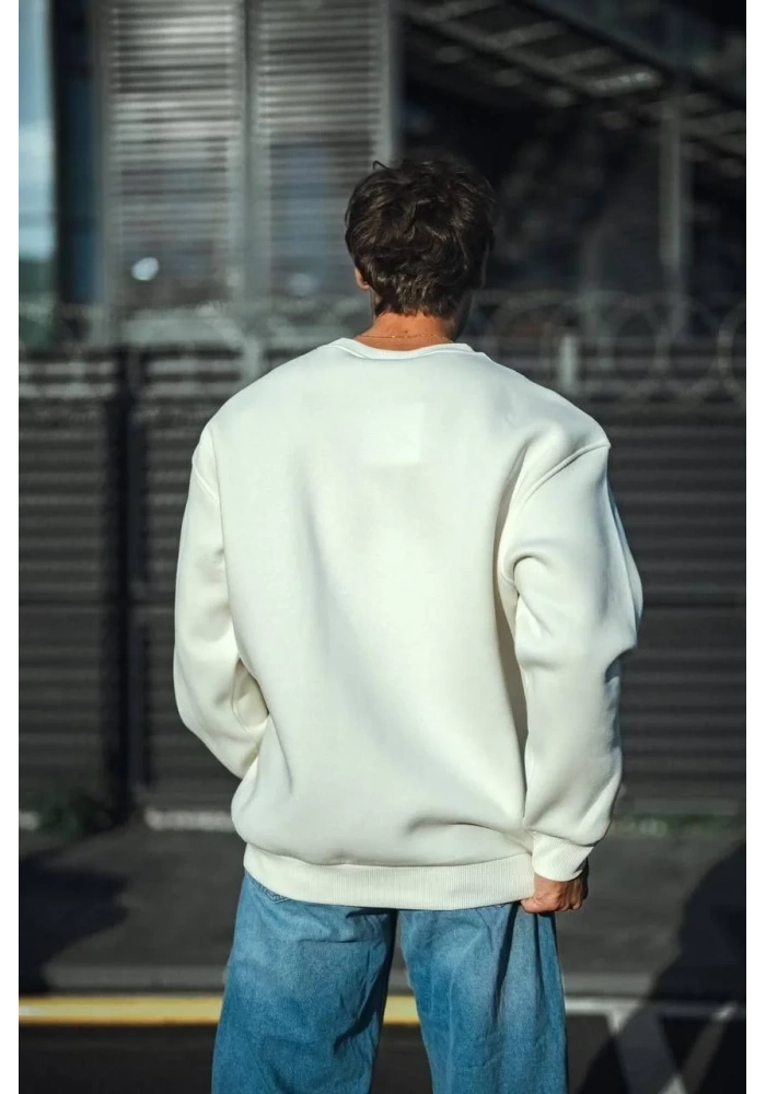 Erkek  Bisiklet Yaka 3 İplik Pamuklu Basic SweatShirt - Beyaz