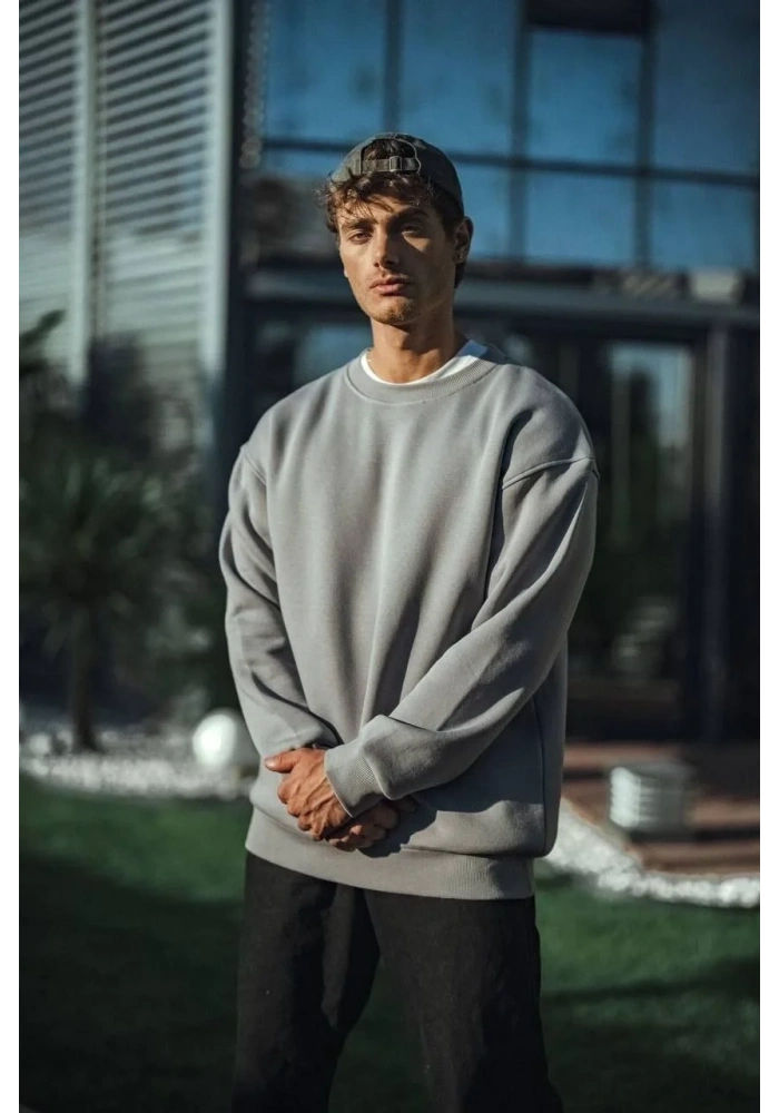 Erkek Bisiklet Yaka 3 İplik pamuklu Basic SweatShirt - Boyalı Gri