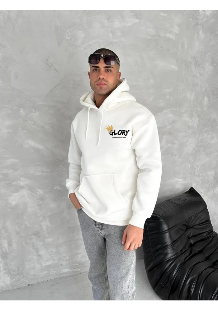 Erkek Kapüşonlu Kanguru Cepli Sweatshirt 3 İplik Pamuklu Baskılı Hoodie - Beyaz