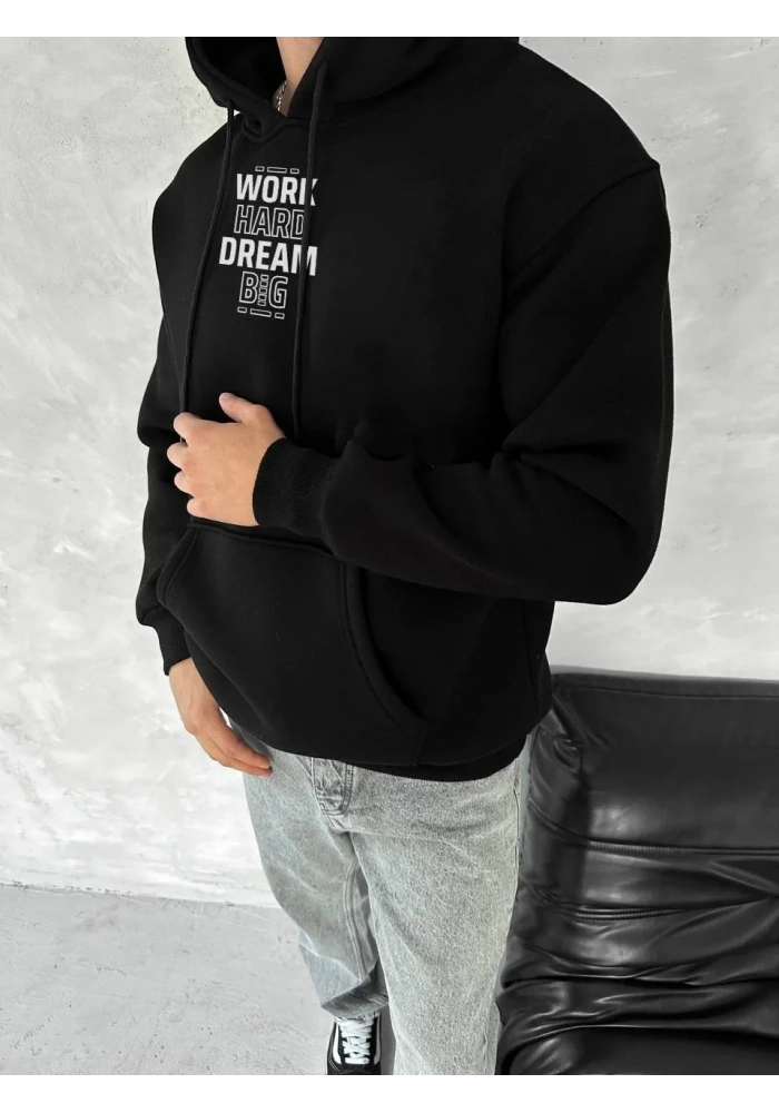 Erkek Kapüşonlu Kanguru Cepli Sweatshirt 3 İplik Pamuklu Baskılı Hoodie - Siyah