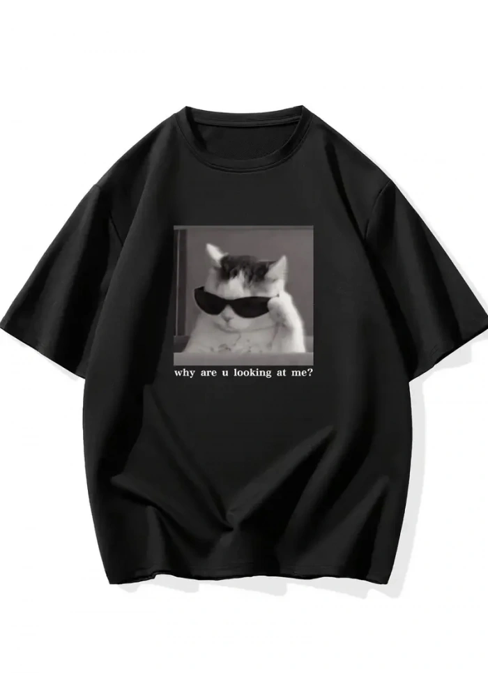 Erkek T-Shirt Komik Kedi Baskılı kısa kol Tişört - Siyah