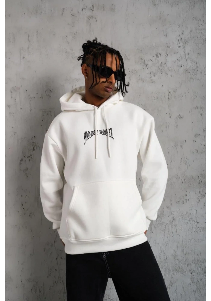 Erkek Kordon İpli Baskılı Kapüşonlu Sweatshirt - Beyaz