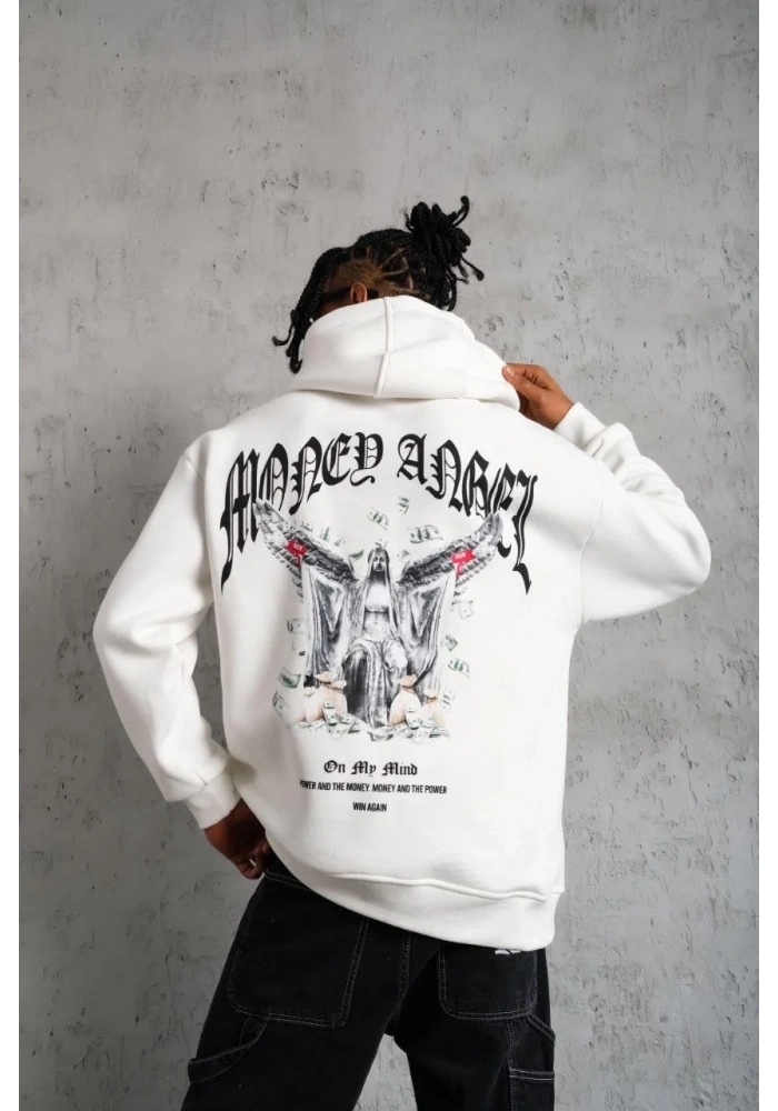 Erkek Kordon İpli Baskılı Kapüşonlu Sweatshirt - Beyaz