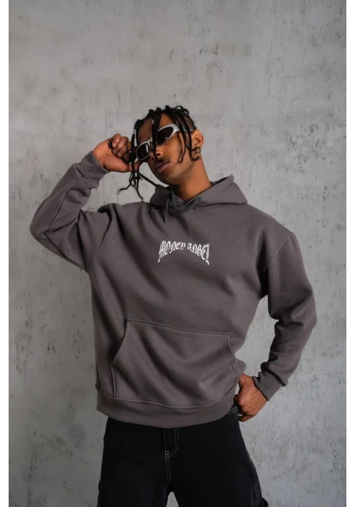 Erkek Kordon İpli Baskılı Kapüşonlu Sweatshirt - Füme