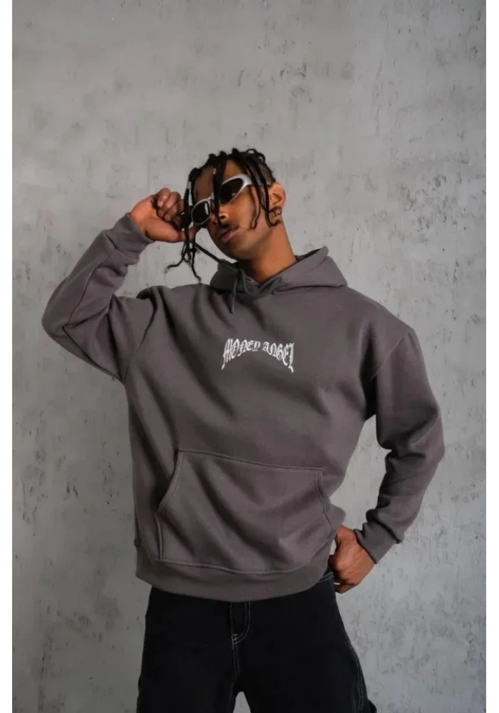 Erkek Kordon İpli Baskılı Kapüşonlu Sweatshirt - Füme