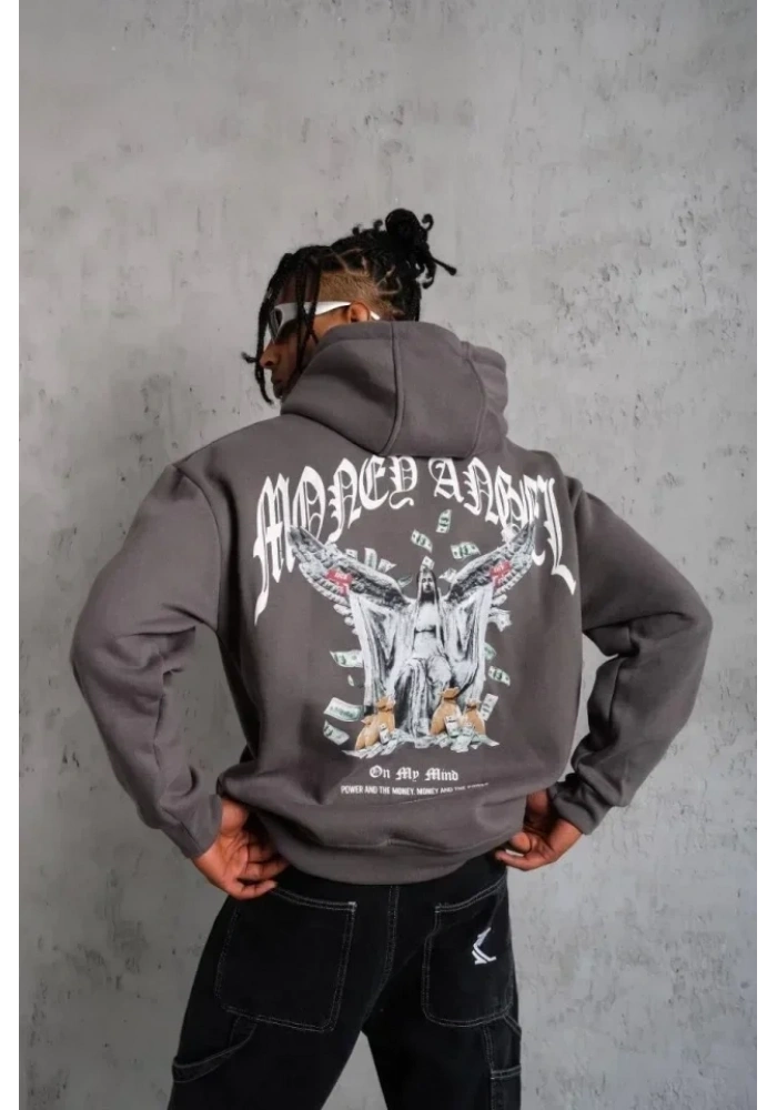 Erkek Kordon İpli Baskılı Kapüşonlu Sweatshirt - Füme