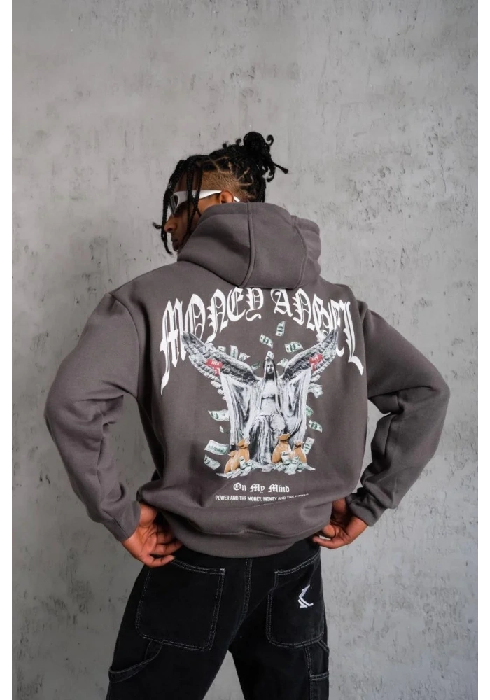 Erkek Kordon İpli Baskılı Kapüşonlu Sweatshirt - Füme