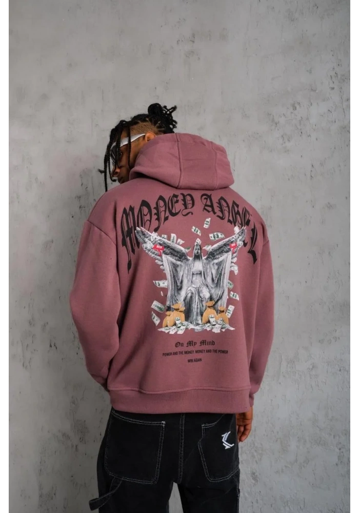 Erkek Kordon İpli Baskılı Kapüşonlu Sweatshirt - Gül Kurusu