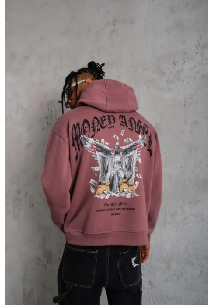 Erkek Kordon İpli Baskılı Kapüşonlu Sweatshirt - Gül Kurusu