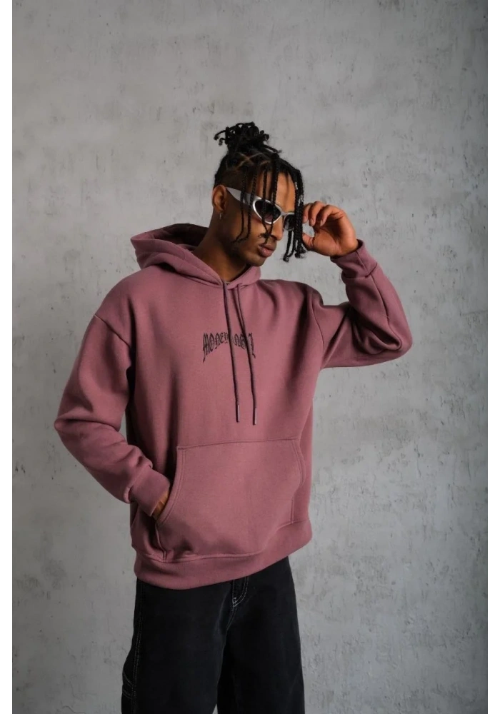 Erkek Kordon İpli Baskılı Kapüşonlu Sweatshirt - Gül Kurusu