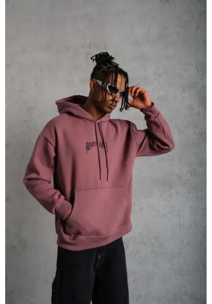 Erkek Kordon İpli Baskılı Kapüşonlu Sweatshirt - Gül Kurusu