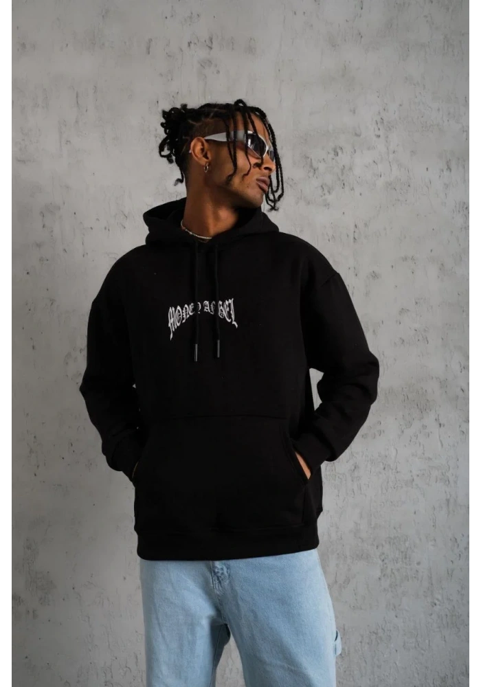 Erkek Kordon İpli Baskılı Kapüşonlu Sweatshirt - Siyah