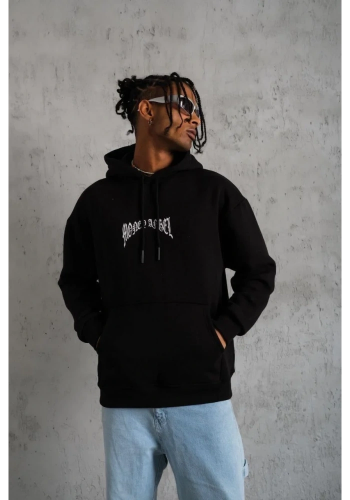 Erkek 3 İplik Pamuklu Baskılı Kapüşonlu Cepli Sweatshirt Hoodie - Siyah