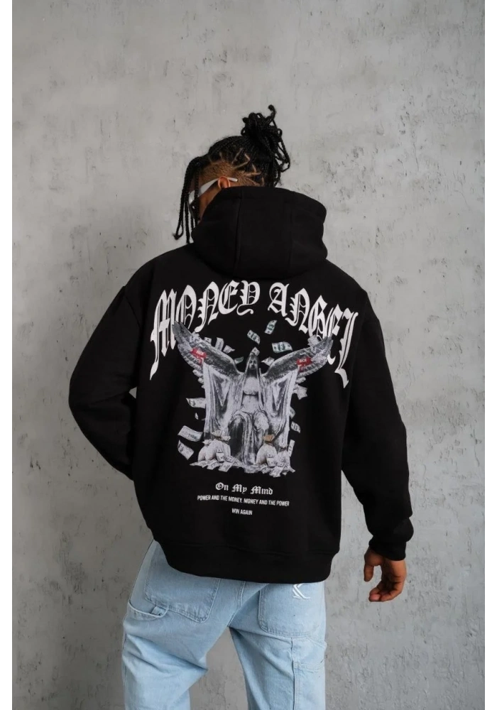 Erkek 3 İplik Pamuklu Baskılı Kapüşonlu Cepli Sweatshirt Hoodie - Siyah