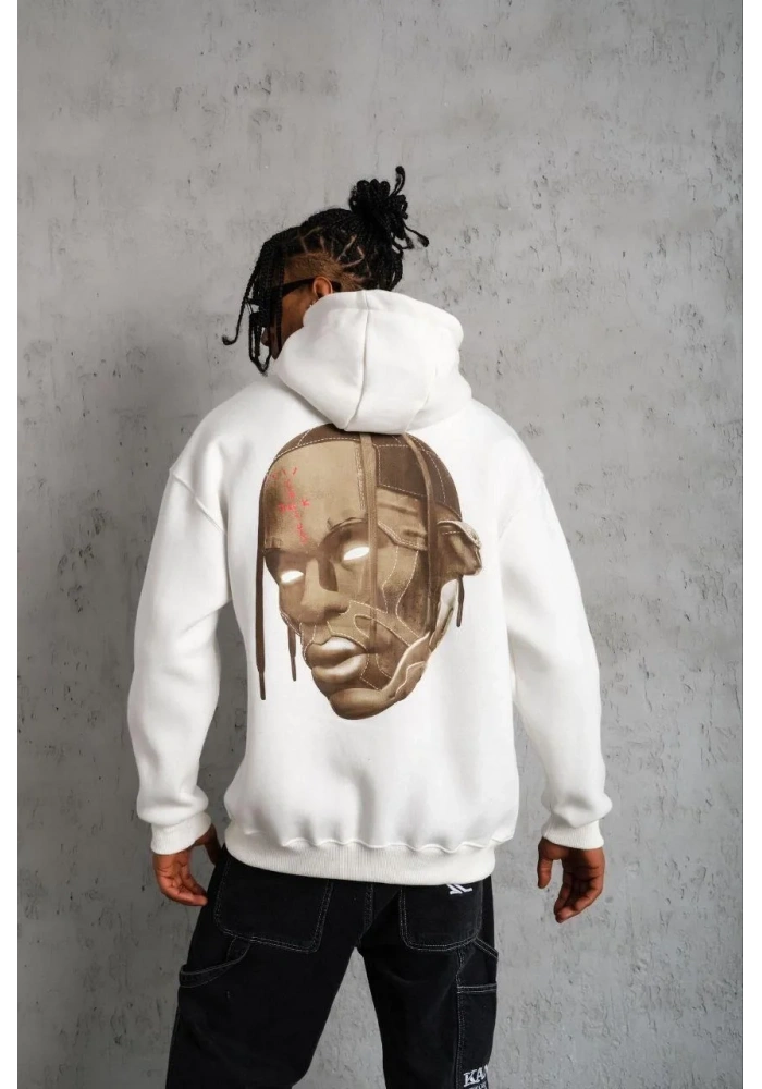 Erkek Kordonlu Arka Maske Kordon Saçlı Kapüşonlu - Beyaz
