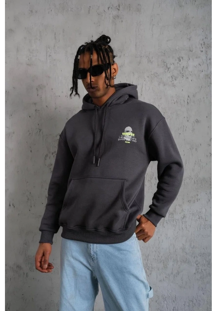 Erkek Kordonlu Maske Baskılı Kapşonlu Sweat - Gri