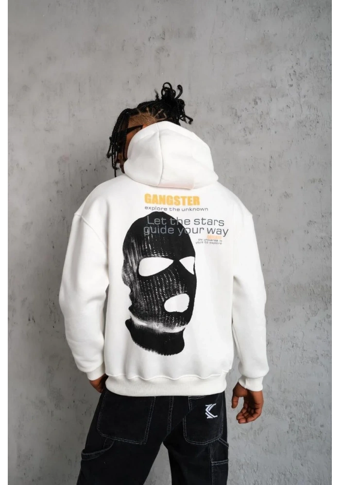 Erkek Kordonlu Maske Baskılı Kapüşonlu Sweat - Beyaz