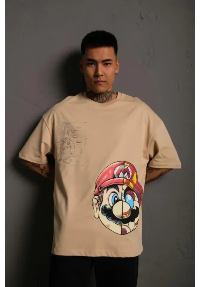Erkek Mario Baskılı Oversize T-Shirt - Bej