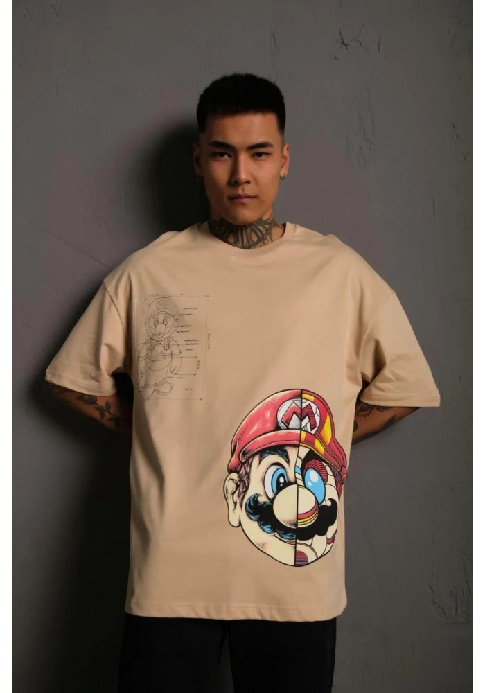 Erkek Mario Baskılı Oversize T-Shirt - Bej