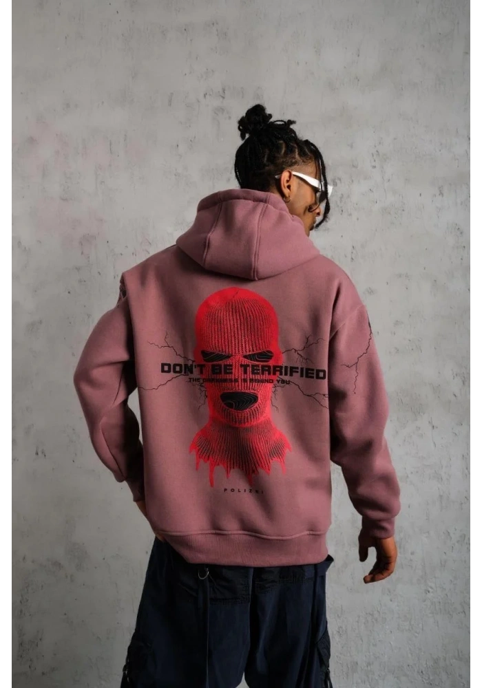 Erkek 3 İplik Pamuklu Kapüşonlu Baskılı Cepli Sweatshirt Hoodie - Gül Kurusu