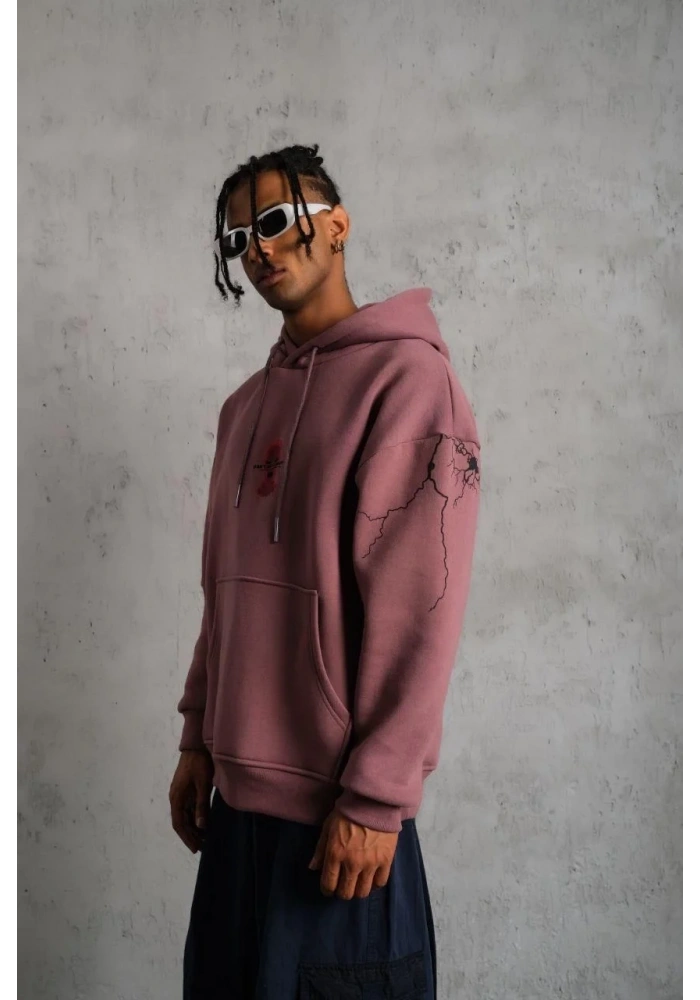 Erkek 3 İplik Pamuklu Kapüşonlu Baskılı Cepli Sweatshirt Hoodie - Gül Kurusu