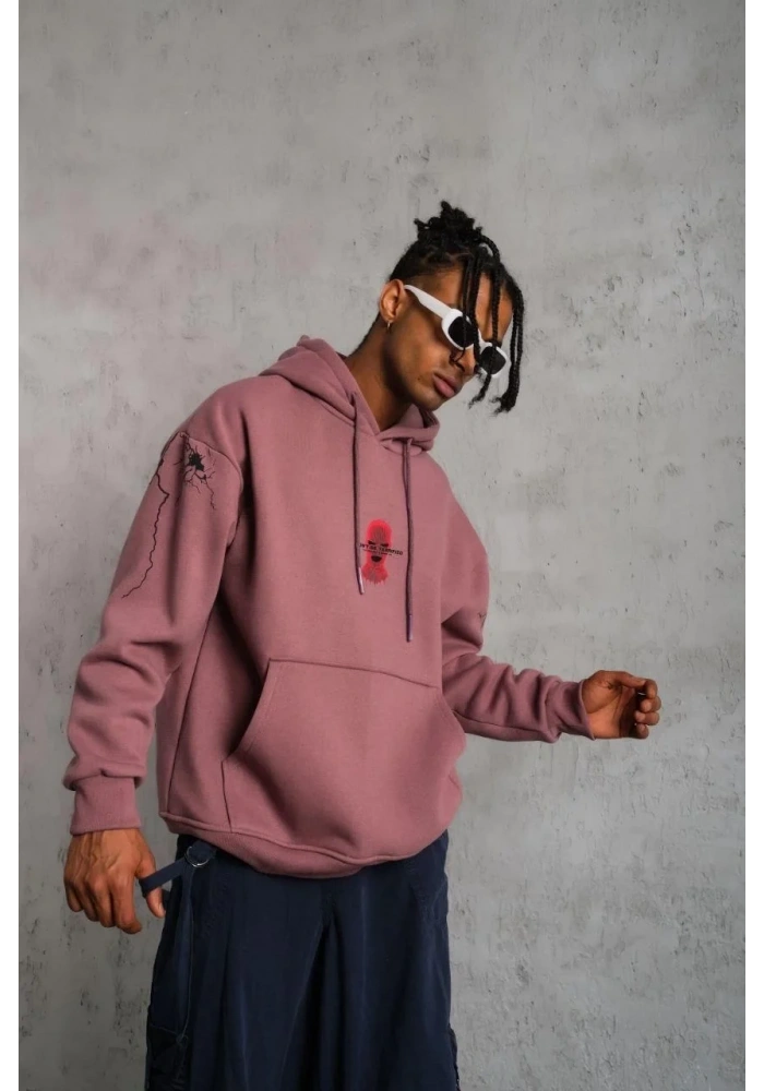 Erkek 3 İplik Pamuklu Kapüşonlu Baskılı Cepli Sweatshirt Hoodie - Gül Kurusu