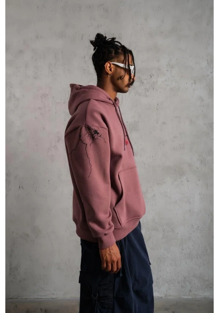 Erkek 3 İplik Pamuklu Kapüşonlu Baskılı Cepli Sweatshirt Hoodie - Gül Kurusu