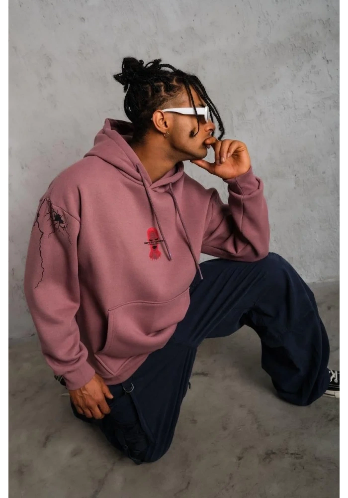 Erkek 3 İplik Pamuklu Kapüşonlu Baskılı Cepli Sweatshirt Hoodie - Gül Kurusu