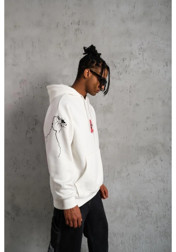 Erkek 3 İplik Pamuklu Kapüşonlu Baskılı Cepli Oversize Sweatshirt Hoodie - Beyaz