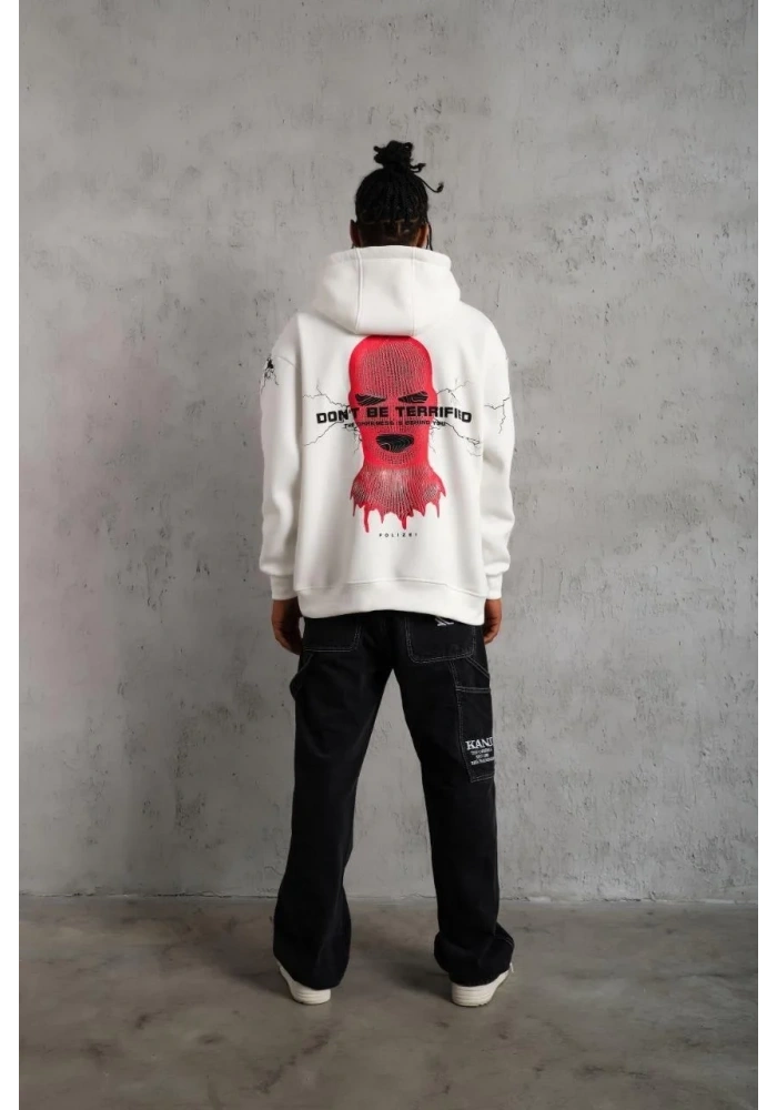 Erkek 3 İplik Pamuklu Kapüşonlu Baskılı Cepli Oversize Sweatshirt Hoodie - Beyaz