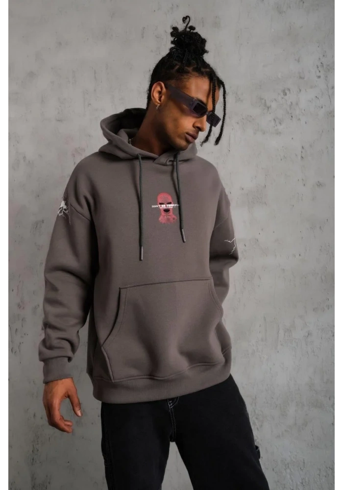 Erkek 3 İplik Pamuklu Kapüşonlu Baskılı Cepli Oversize Sweatshirt Hoodie - Gri