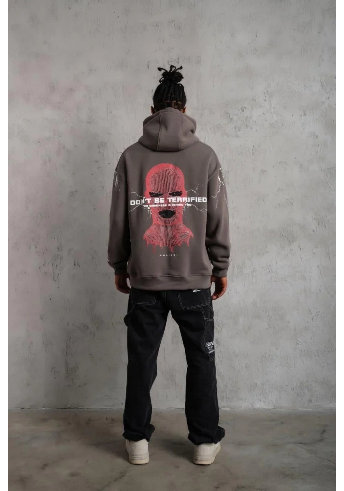 Erkek 3 İplik Pamuklu Kapüşonlu Baskılı Cepli Oversize Sweatshirt Hoodie - Gri