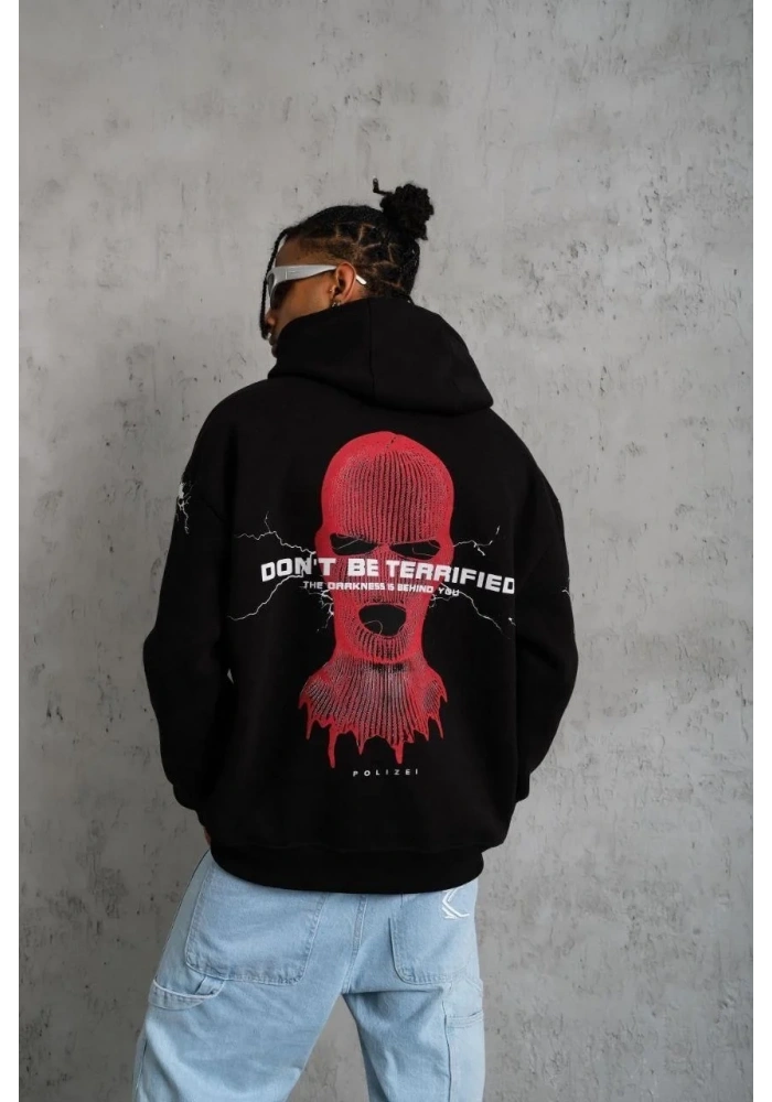 Erkek 3 İplik Pamuklu Kapüşonlu Baskılı Cepli Oversize Sweatshirt Hoodie - Siyah