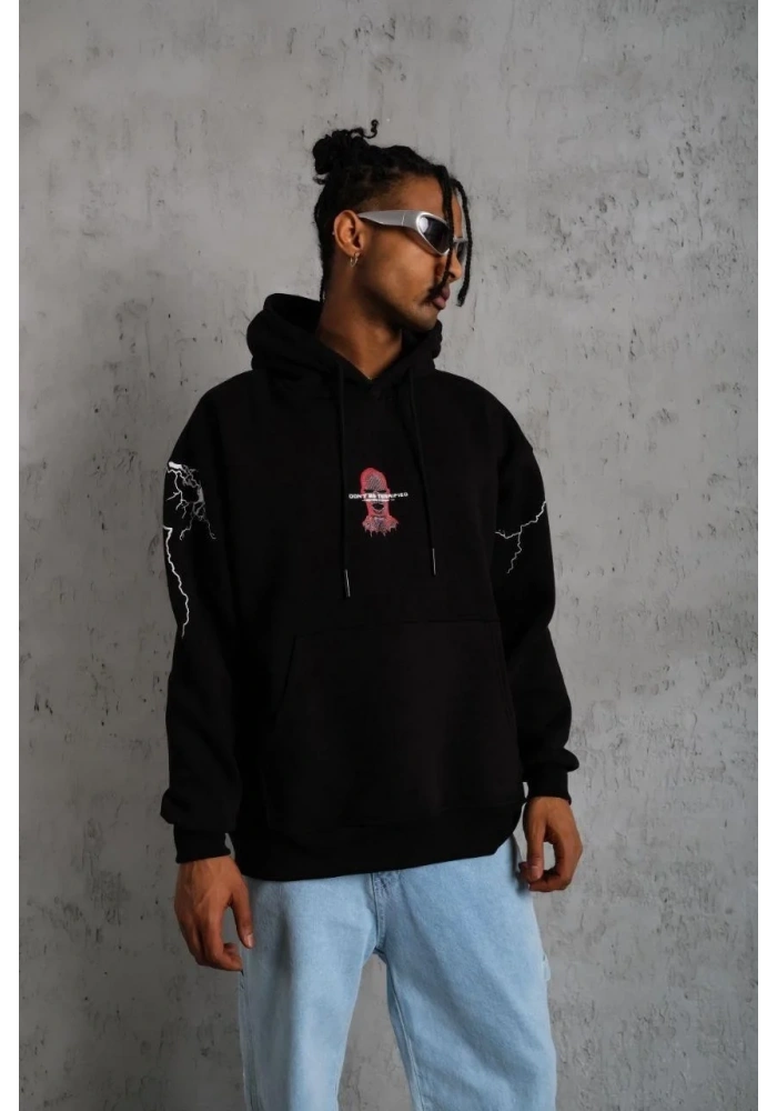 Erkek 3 İplik Pamuklu Kapüşonlu Baskılı Cepli Oversize Sweatshirt Hoodie - Siyah