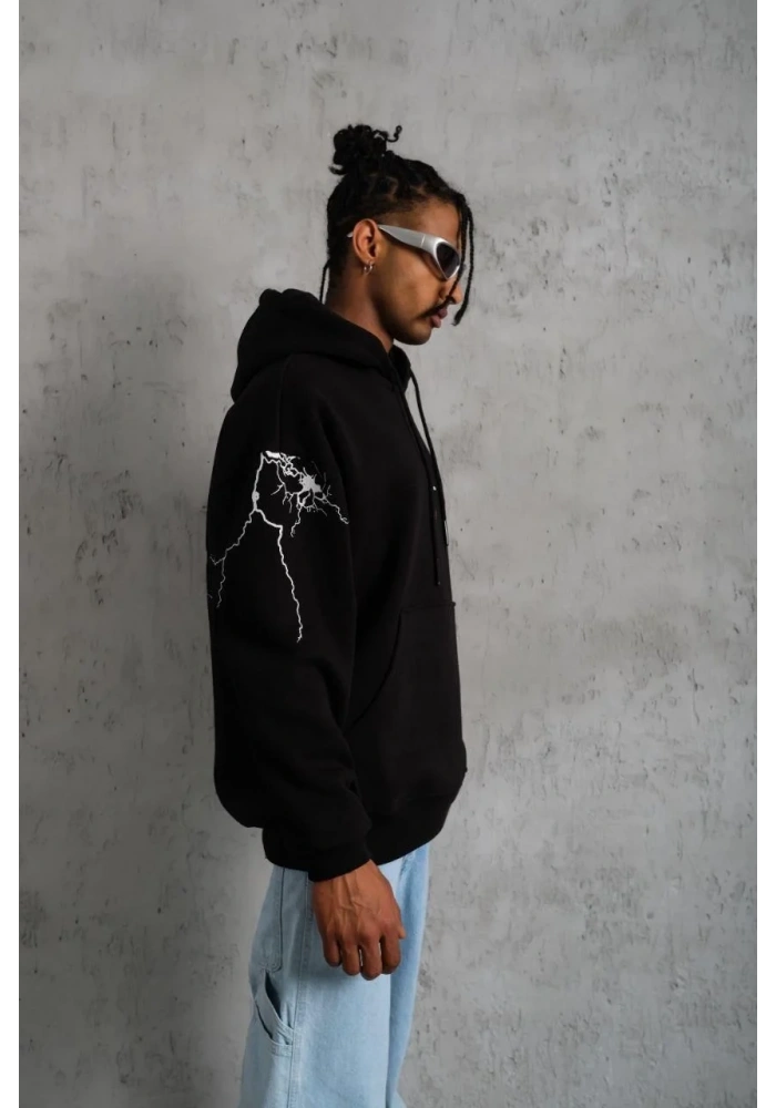 Erkek 3 İplik Pamuklu Kapüşonlu Baskılı Cepli Oversize Sweatshirt Hoodie - Siyah