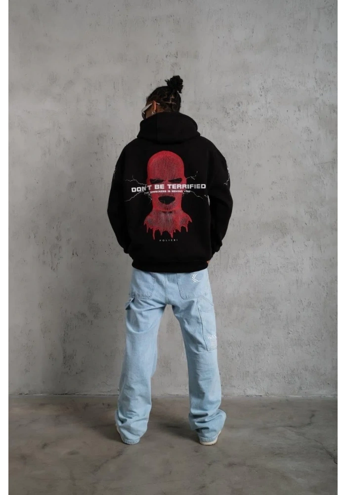 Erkek 3 İplik Pamuklu Kapüşonlu Baskılı Cepli Oversize Sweatshirt Hoodie - Siyah