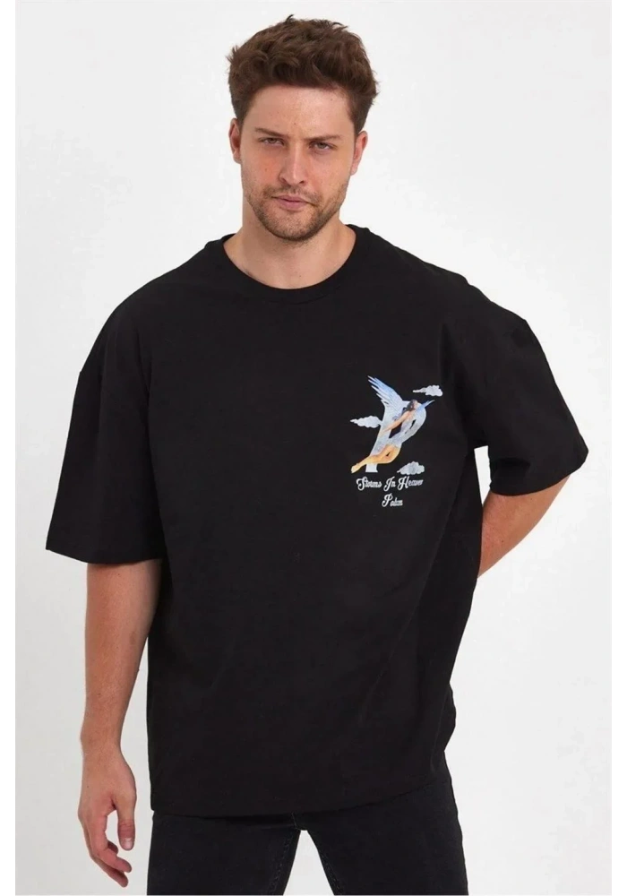 Erkek Melek Baskılı Oversize T-shirt - Siyah