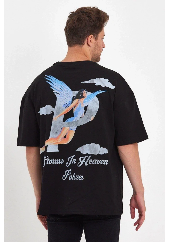 Erkek Melek Baskılı Oversize T-shirt - Siyah