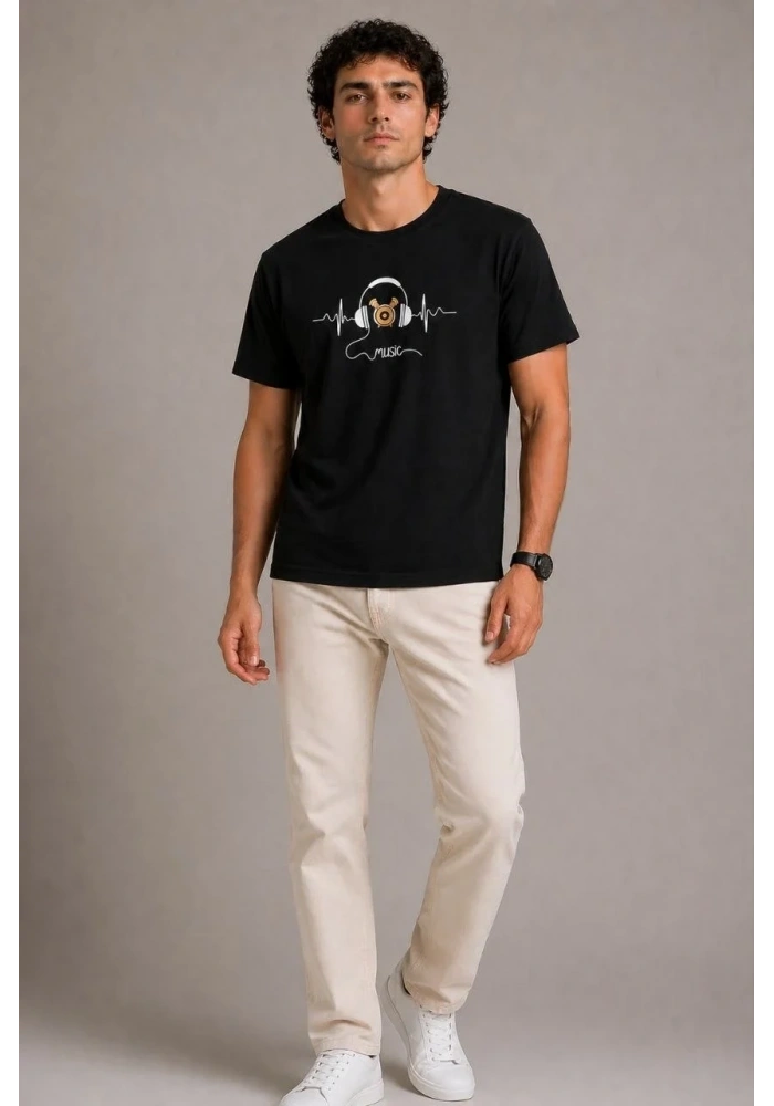 Erkek Müzik Temalı Baskılı Tişört Bisiklet Yaka Kısa Kol T-Shirt - Siyah