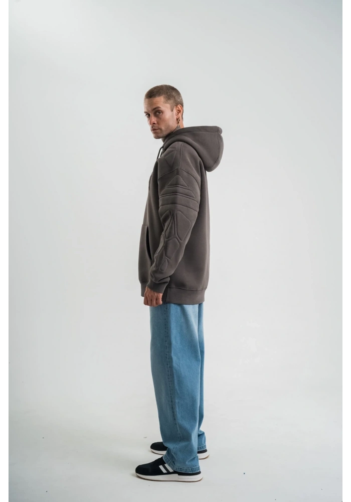 Erkek Nakışlı Kapüşonlu Oversize 3 İplik Pamuklu SweatShirt Hoodie - Füme