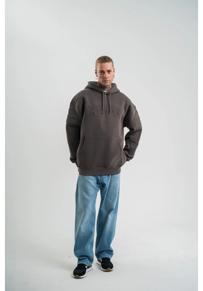 Erkek Nakışlı Kapüşonlu Oversize 3 İplik Pamuklu SweatShirt Hoodie - Füme