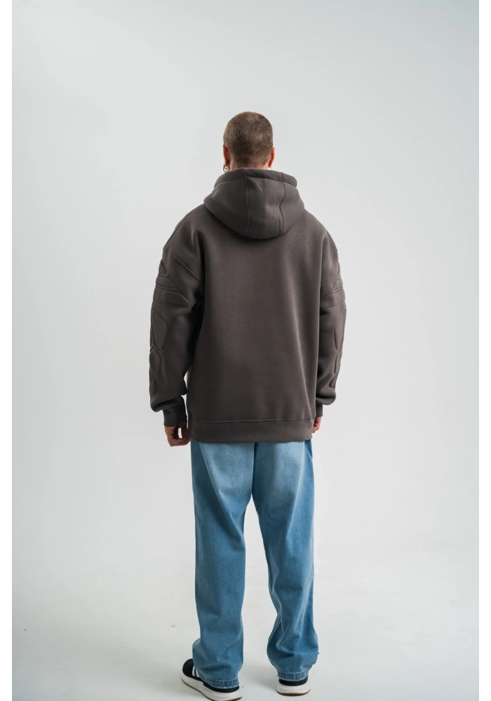 Erkek Nakışlı Kapüşonlu Oversize 3 İplik Pamuklu SweatShirt Hoodie - Füme