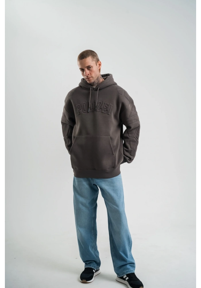 Erkek Nakışlı Kapüşonlu Oversize 3 İplik Pamuklu SweatShirt Hoodie - Füme