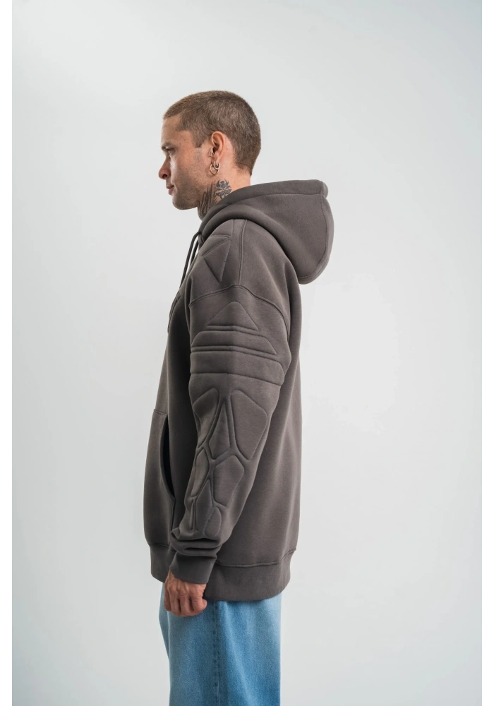 Erkek Nakışlı Kapüşonlu Oversize 3 İplik Pamuklu SweatShirt Hoodie - Füme
