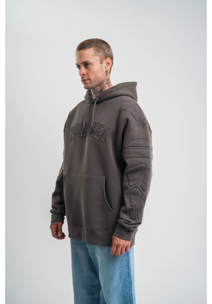 Erkek Nakışlı Kapüşonlu Oversize 3 İplik Pamuklu SweatShirt Hoodie - Füme
