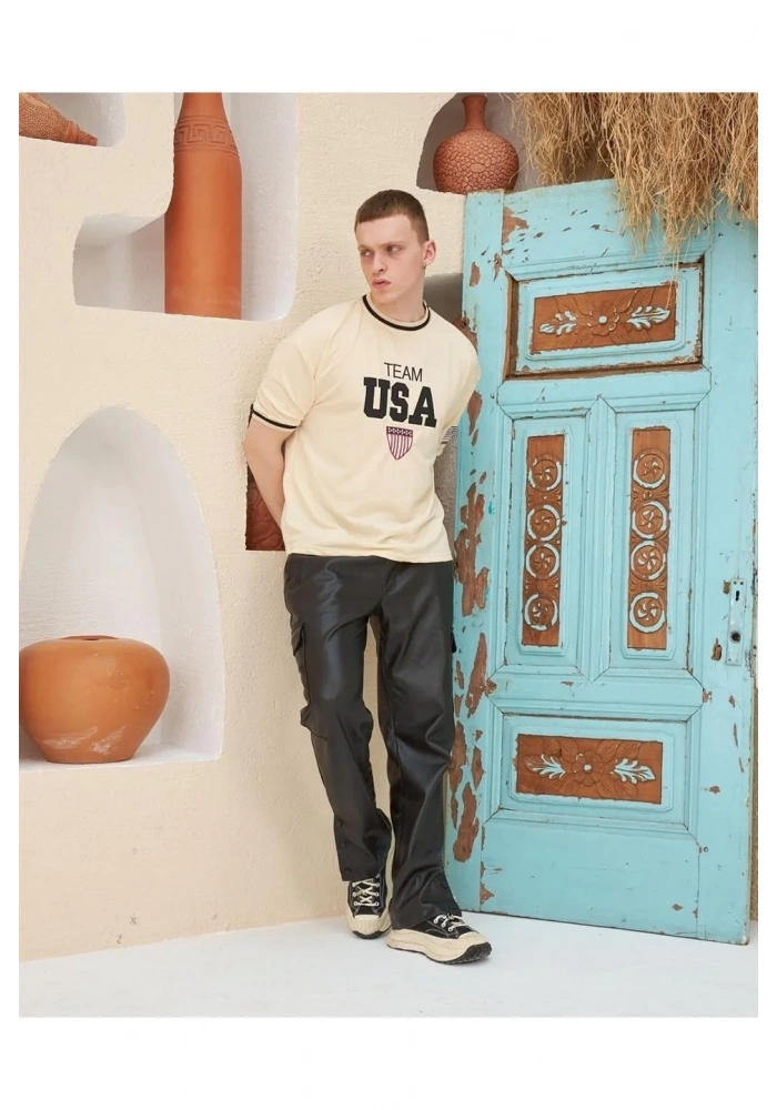 Erkek Nakış İşlemeli Ribanalı Oversize T-shirt - Bej